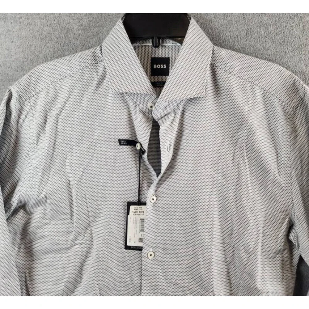 BOSS Easy-Iron Slim-Fit Dress Shirt Men's 41 L/16 Navy Button Closure L/S